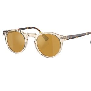 Oliver Peoples NWOT Gregory Peck Sunglasses Brown Mirror Gold Case Included